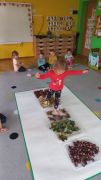 Dziewczynka przechodzi ścieżką sensoryczną utworzoną z darów jesieni.